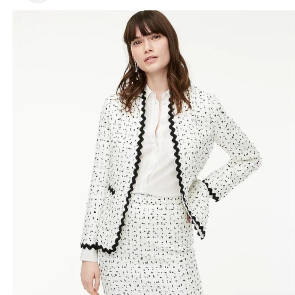 J.Crew Ivory Spotted Tweed Going-Out Blazer | Ric Rac Trim Jacket Size 2 NWT